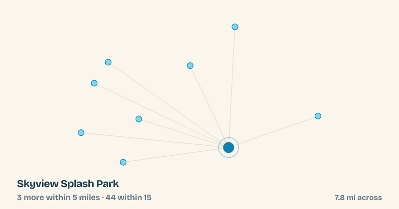 Map of Skyview Splash Park and the 44 other splash pads within 15 miles