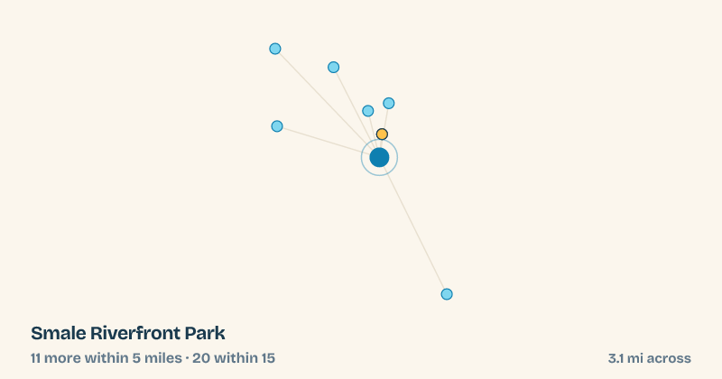 Map of Smale Riverfront Park and the 20 other splash pads within 15 miles