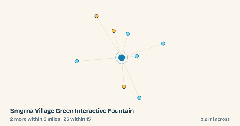 Map of Smyrna Village Green Interactive Fountain and the 25 other splash pads within 15 miles