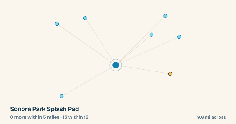 Map of Sonora Park Splash Pad and the 13 other splash pads within 15 miles