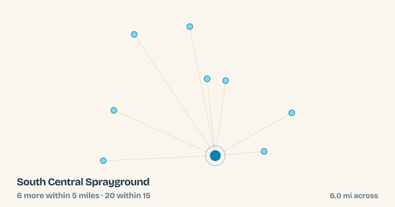 Map of South Central Sprayground and the 20 other splash pads within 15 miles