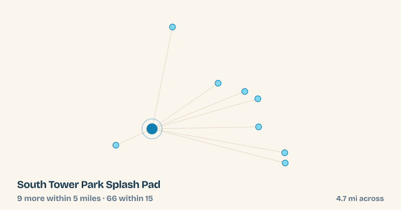 Map of South Tower Park Splash Pad and the 66 other splash pads within 15 miles