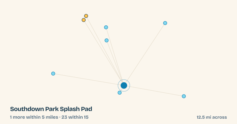 Map of Southdown Park Splash Pad and the 23 other splash pads within 15 miles