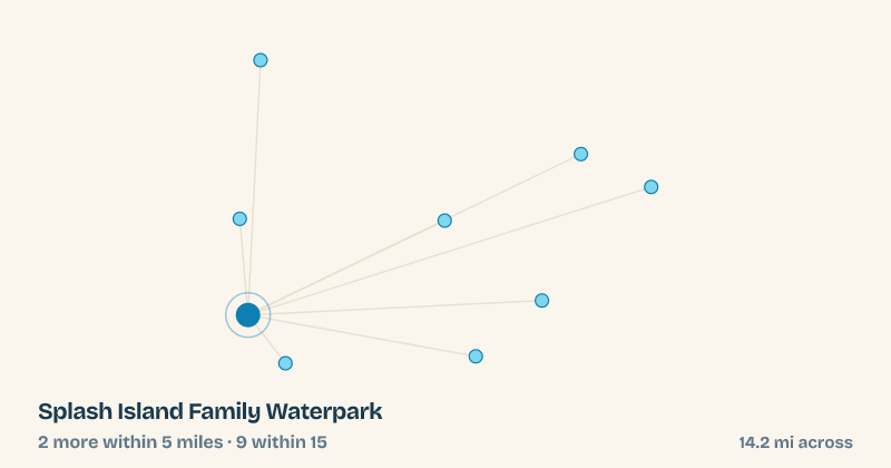 Map of Splash Island Family Waterpark and the 9 other splash pads within 15 miles