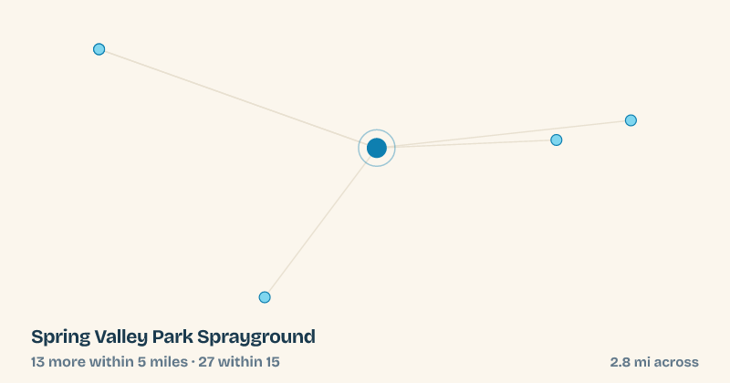 Map of Spring Valley Park Sprayground and the 27 other splash pads within 15 miles