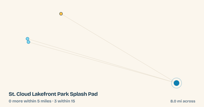 Map of St. Cloud Lakefront Park Splash Pad and the 3 other splash pads within 15 miles