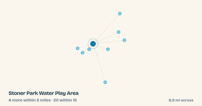 Map of Stoner Park Water Play Area and the 20 other splash pads within 15 miles
