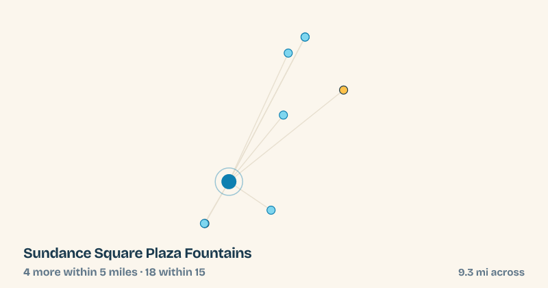 Map of Sundance Square Plaza Fountains and the 18 other splash pads within 15 miles
