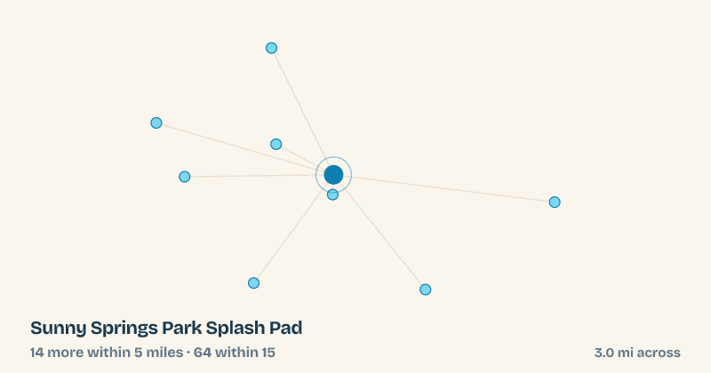 Map of Sunny Springs Park Splash Pad and the 64 other splash pads within 15 miles