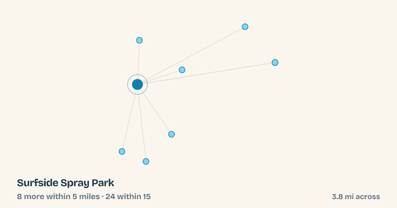 Map of Surfside Spray Park and the 24 other splash pads within 15 miles