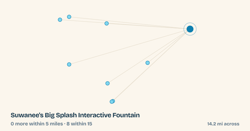 Map of Suwanee's Big Splash Interactive Fountain and the 8 other splash pads within 15 miles