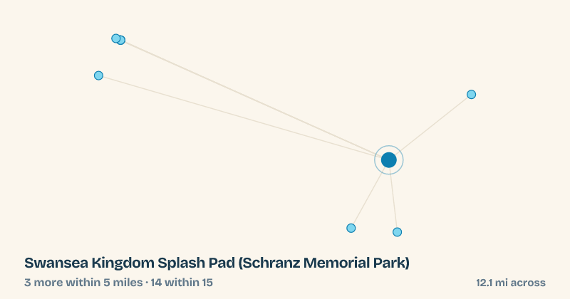 Map of Swansea Kingdom Splash Pad (Schranz Memorial Park) and the 14 other splash pads within 15 miles