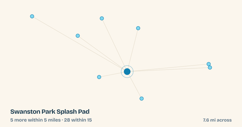 Map of Swanston Park Splash Pad and the 28 other splash pads within 15 miles