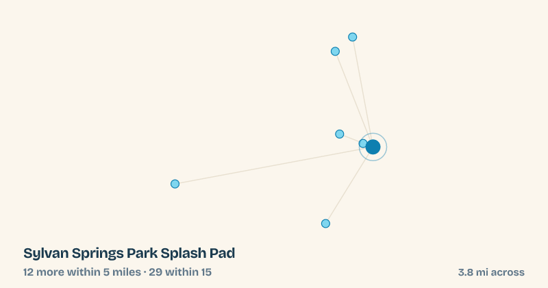 Map of Sylvan Springs Park Splash Pad and the 29 other splash pads within 15 miles