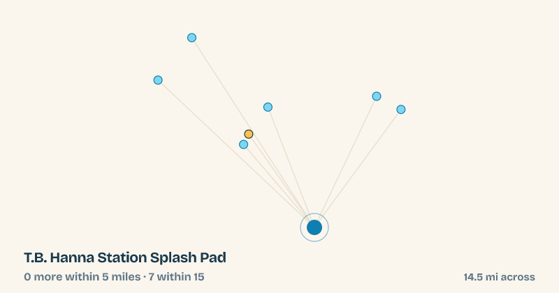 Map of T.B. Hanna Station Splash Pad and the 7 other splash pads within 15 miles