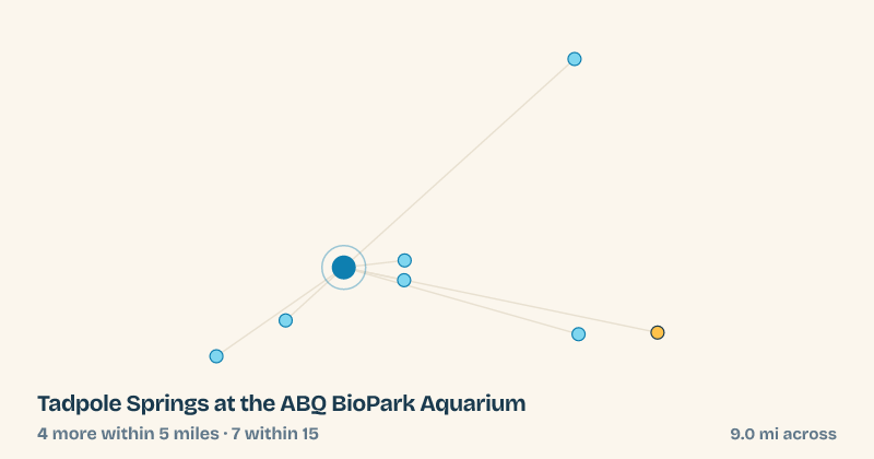 Map of Tadpole Springs at the ABQ BioPark Aquarium and the 7 other splash pads within 15 miles