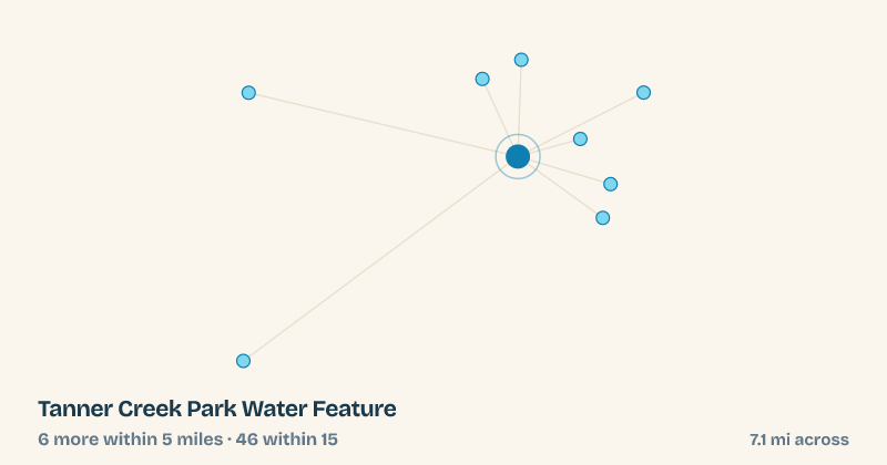 Map of Tanner Creek Park Water Feature and the 46 other splash pads within 15 miles