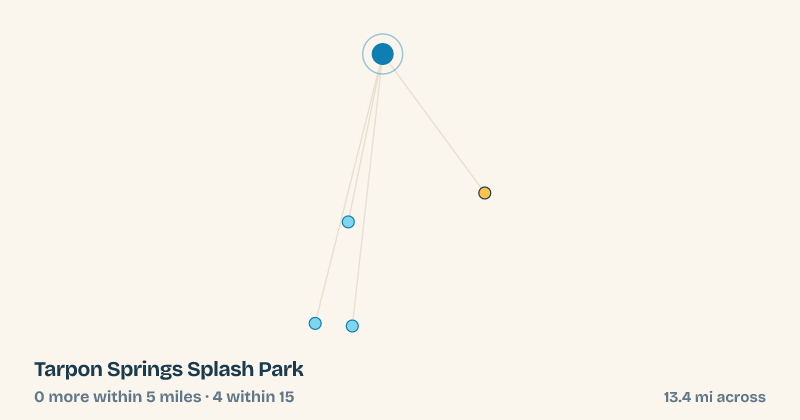 Map of Tarpon Springs Splash Park and the 4 other splash pads within 15 miles