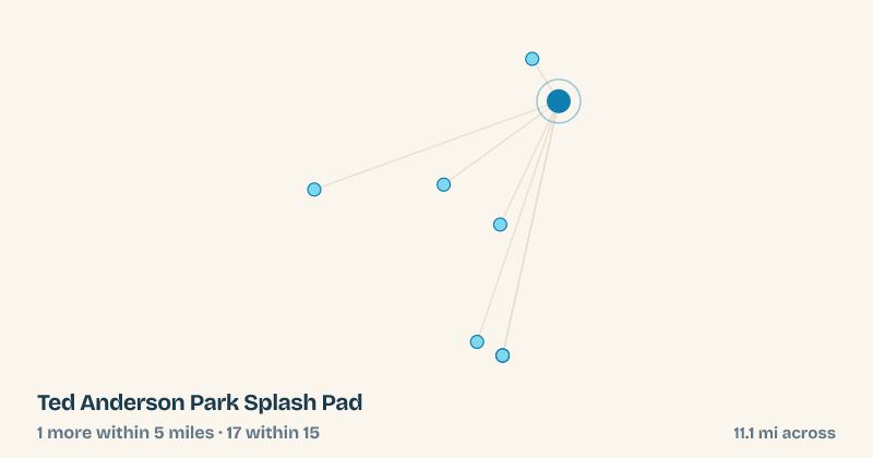 Map of Ted Anderson Park Splash Pad and the 17 other splash pads within 15 miles