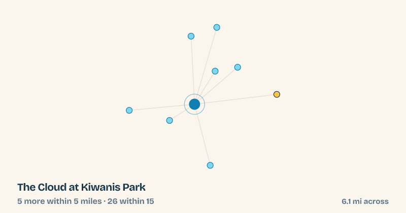 Map of The Cloud at Kiwanis Park and the 26 other splash pads within 15 miles