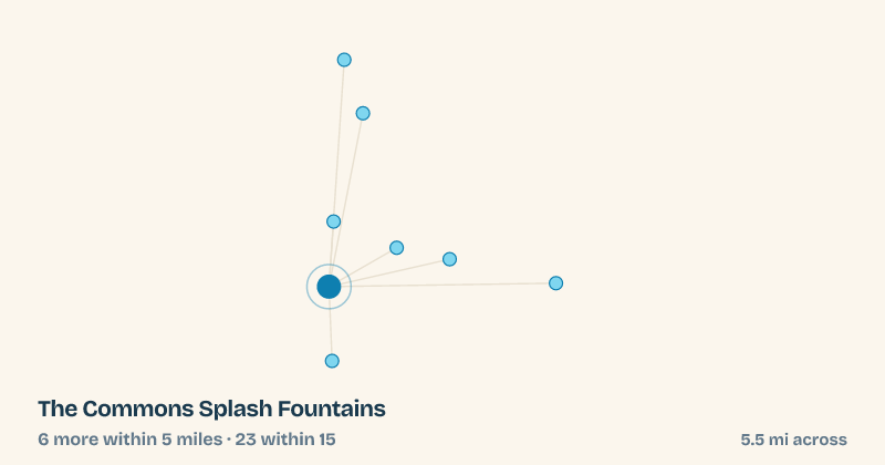 Map of The Commons Splash Fountains and the 23 other splash pads within 15 miles