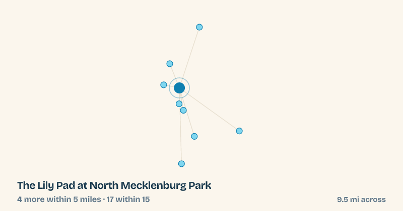 Map of The Lily Pad at North Mecklenburg Park and the 17 other splash pads within 15 miles
