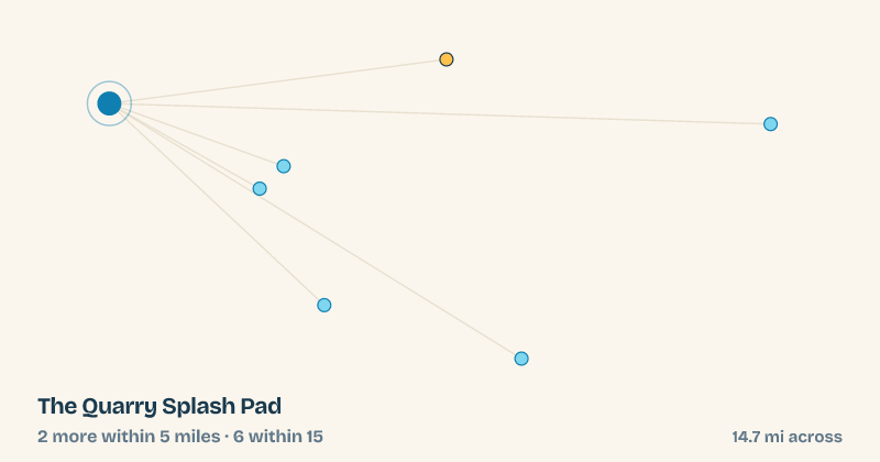 Map of The Quarry Splash Pad and the 6 other splash pads within 15 miles
