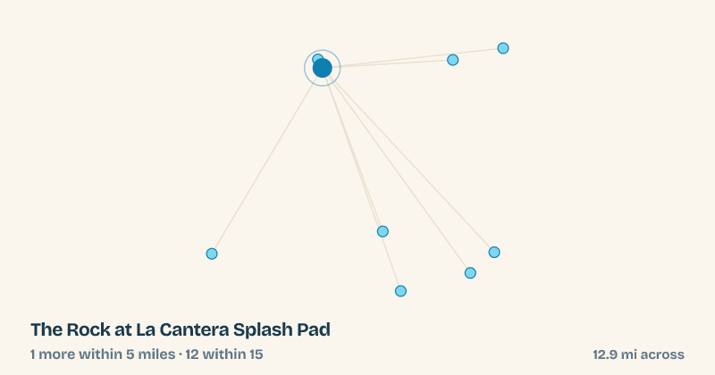 Map of The Rock at La Cantera Splash Pad and the 12 other splash pads within 15 miles