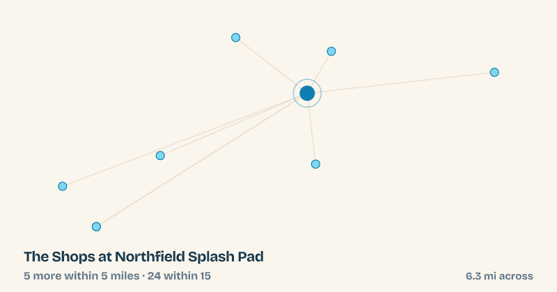 Map of The Shops at Northfield Splash Pad and the 24 other splash pads within 15 miles