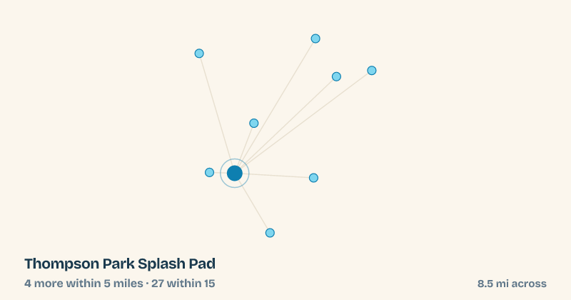 Map of Thompson Park Splash Pad and the 27 other splash pads within 15 miles