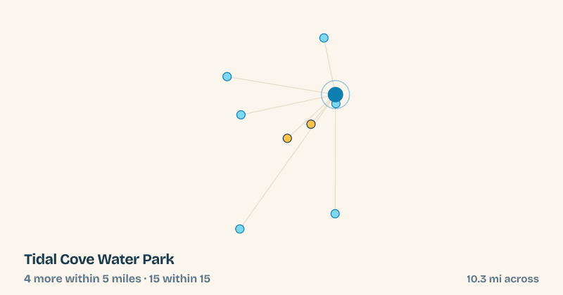 Map of Tidal Cove Water Park and the 15 other splash pads within 15 miles