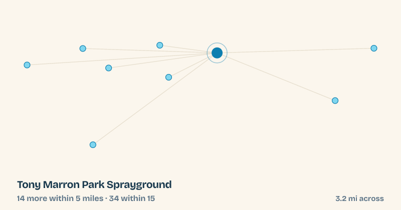Map of Tony Marron Park Sprayground and the 34 other splash pads within 15 miles