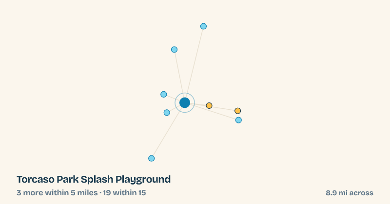 Map of Torcaso Park Splash Playground and the 19 other splash pads within 15 miles