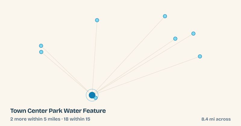 Map of Town Center Park Water Feature and the 18 other splash pads within 15 miles
