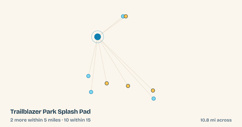 Map of Trailblazer Park Splash Pad and the 10 other splash pads within 15 miles