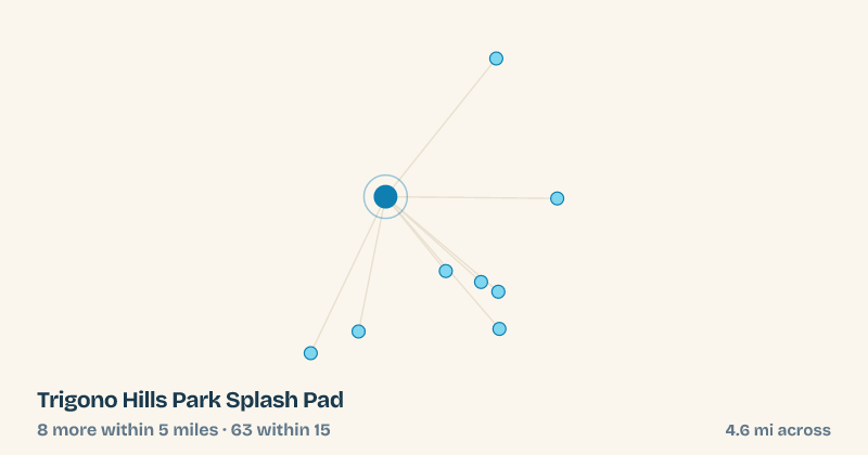 Map of Trigono Hills Park Splash Pad and the 63 other splash pads within 15 miles