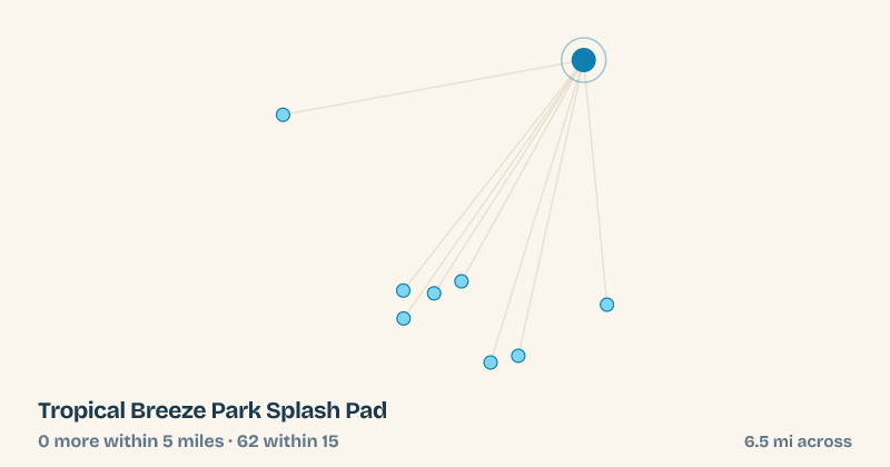 Map of Tropical Breeze Park Splash Pad and the 62 other splash pads within 15 miles