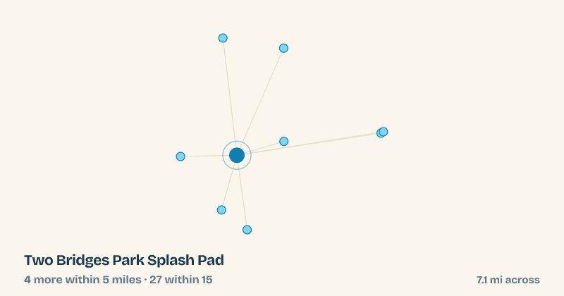 Map of Two Bridges Park Splash Pad and the 27 other splash pads within 15 miles