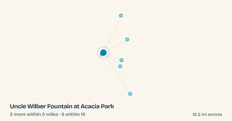 Map of Uncle Wilber Fountain at Acacia Park and the 6 other splash pads within 15 miles