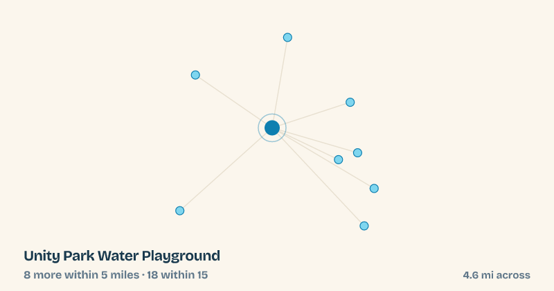 Map of Unity Park Water Playground and the 18 other splash pads within 15 miles
