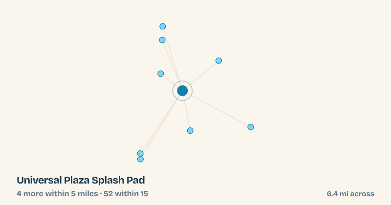 Map of Universal Plaza Splash Pad and the 52 other splash pads within 15 miles