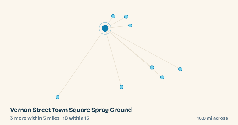 Map of Vernon Street Town Square Spray Ground and the 18 other splash pads within 15 miles