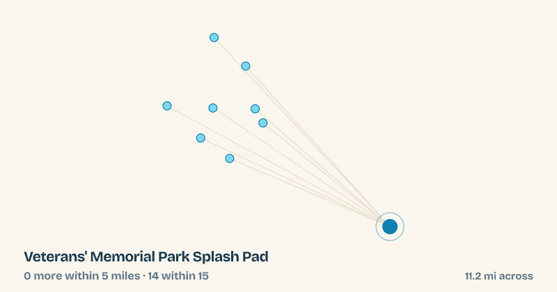 Map of Veterans' Memorial Park Splash Pad and the 14 other splash pads within 15 miles