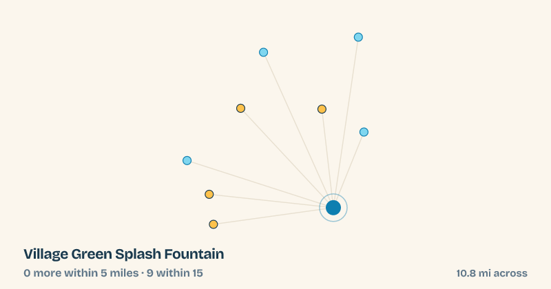 Map of Village Green Splash Fountain and the 9 other splash pads within 15 miles