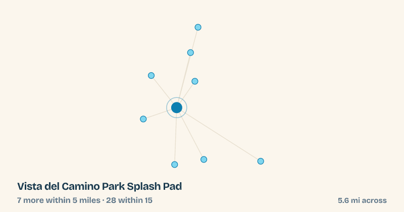 Map of Vista del Camino Park Splash Pad and the 28 other splash pads within 15 miles