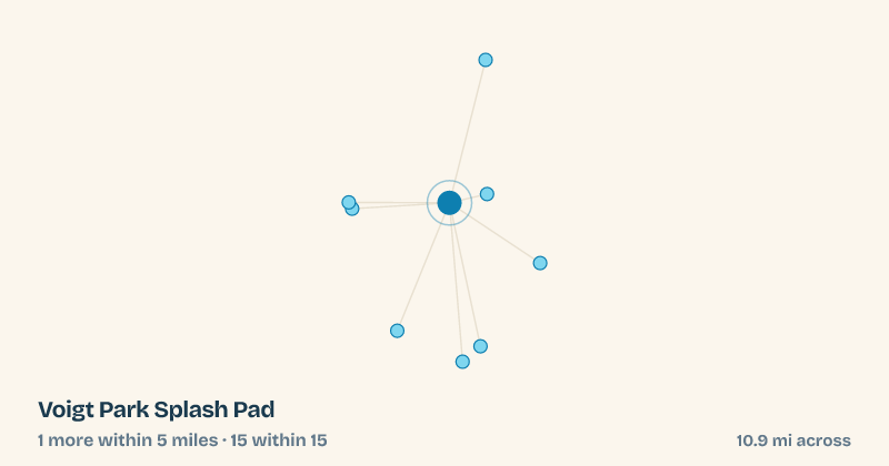 Map of Voigt Park Splash Pad and the 15 other splash pads within 15 miles