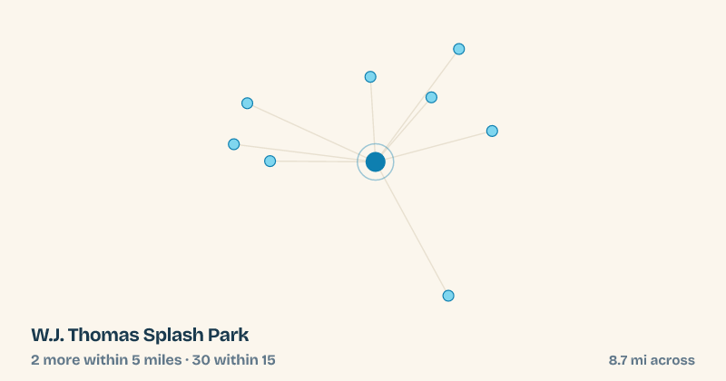 Map of W.J. Thomas Splash Park and the 30 other splash pads within 15 miles