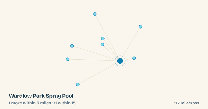 Map of Wardlow Park Spray Pool and the 11 other splash pads within 15 miles