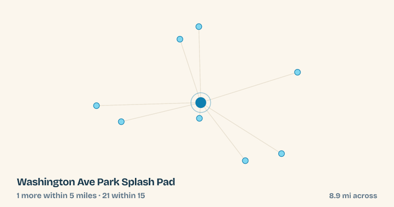 Map of Washington Ave Park Splash Pad and the 21 other splash pads within 15 miles