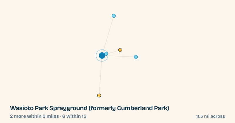 Map of Wasioto Park Sprayground (formerly Cumberland Park) and the 6 other splash pads within 15 miles